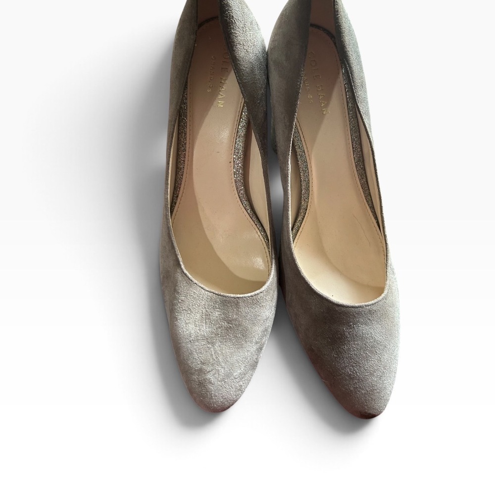 Cole Haan Grand.OS Taupe Suede Glitter Block Heel Pumps Pointed Toe Shoes